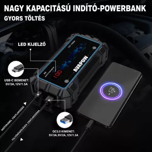 Avapow A9 - Indításrásegítő és Powerbank 8000 mAh